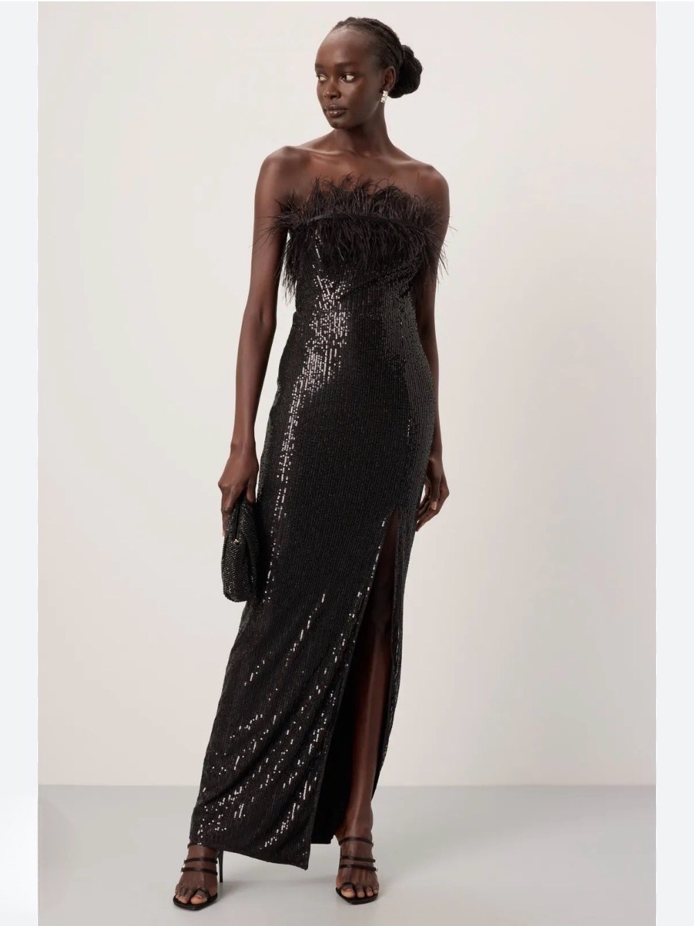 Elle Zeitoune Slone Sequin Feather Maxi Gown Dress